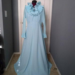 Vintage 70's Blue Ruffle Neck Maxi Dress